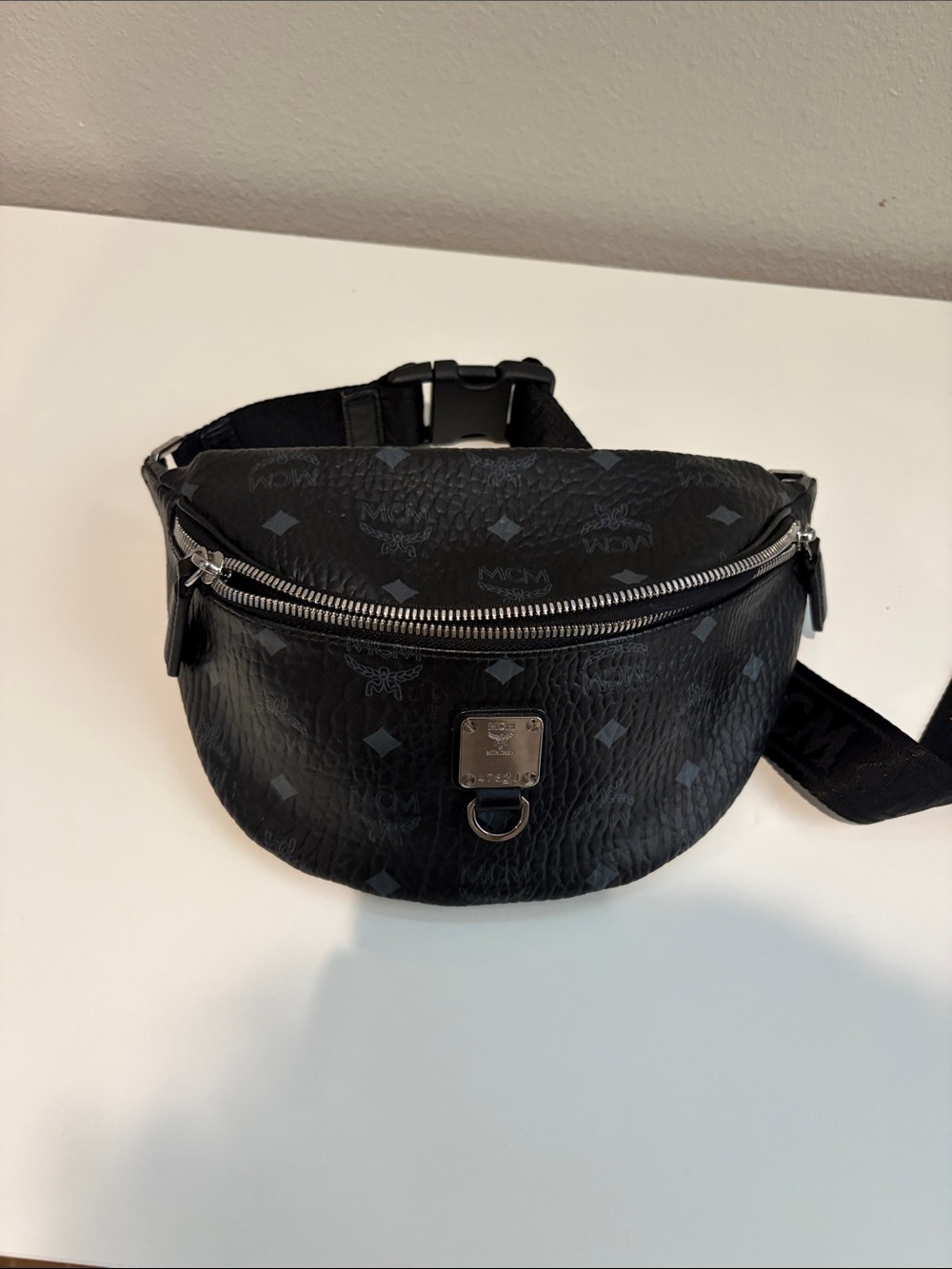 MCM Black Logo Belt Bag with Silver Hardware